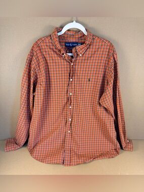 Ralph Lauren Orange Blue Plaid Cotton Button-Down Shirt